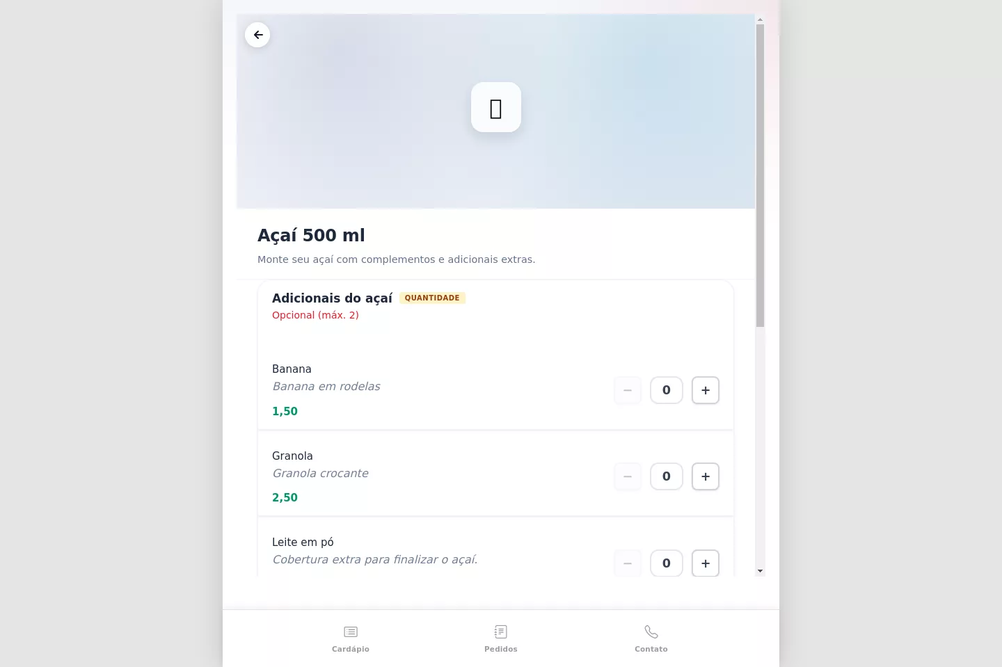 Seleção de adicionais do Açaí no cardápio digital do Menui