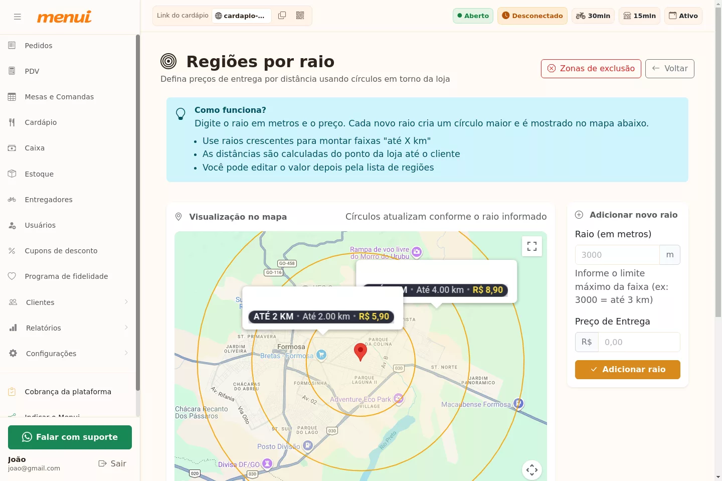 Configuração de regiões por raio no Menui