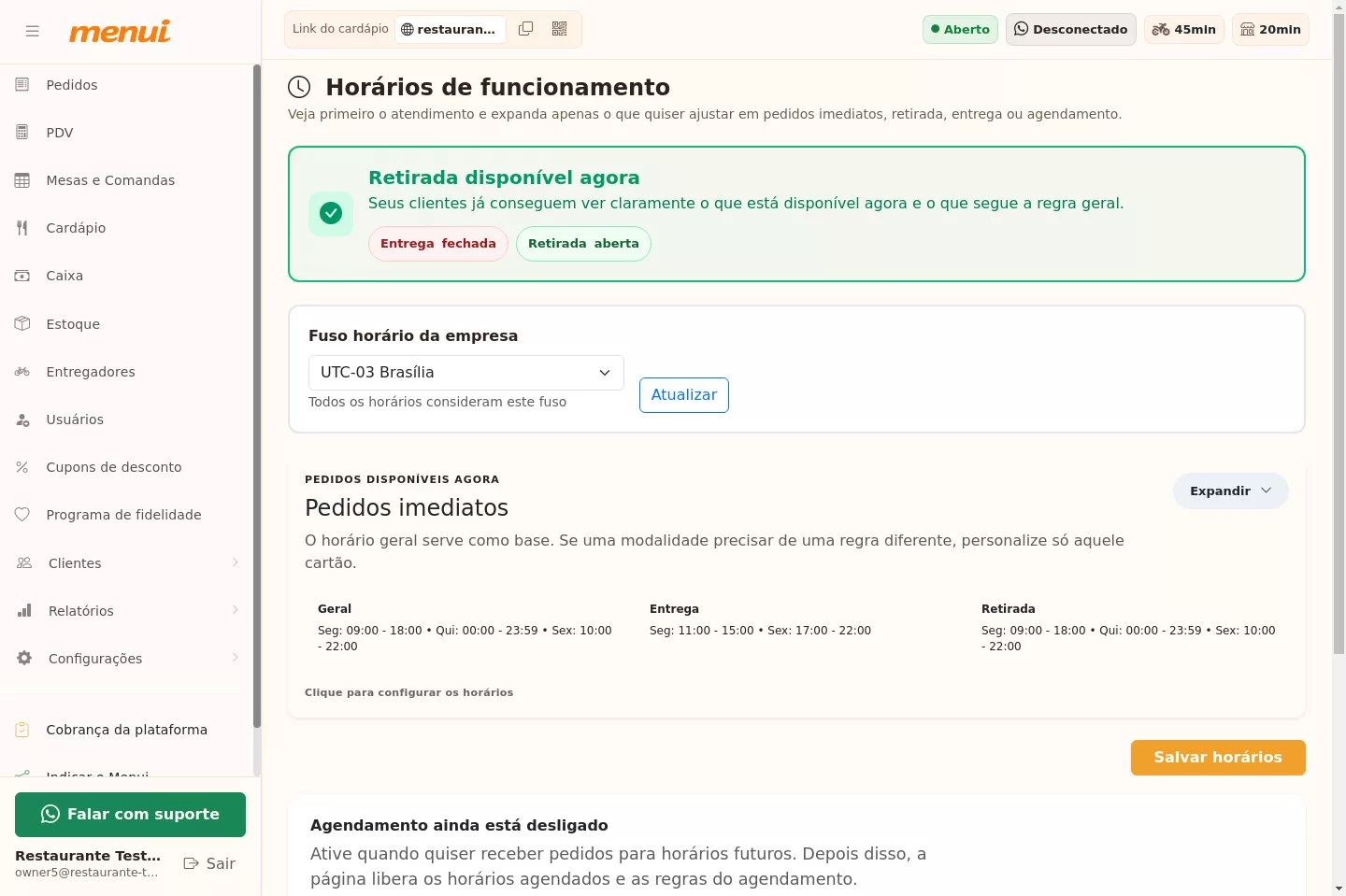 Como ativar o agendamento na tela de horários do Menui