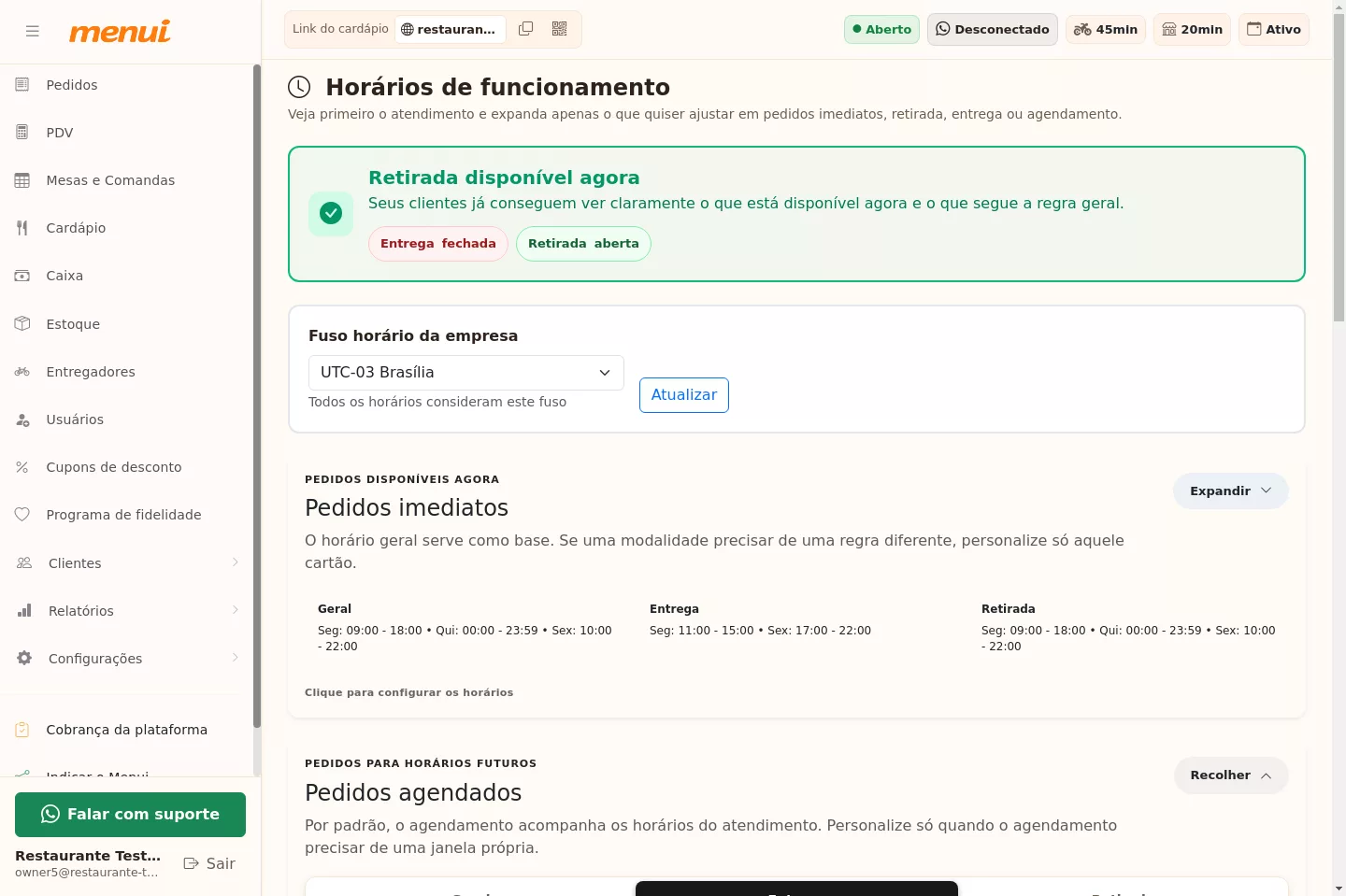 Configuração de horários agendados por tipo no Menui