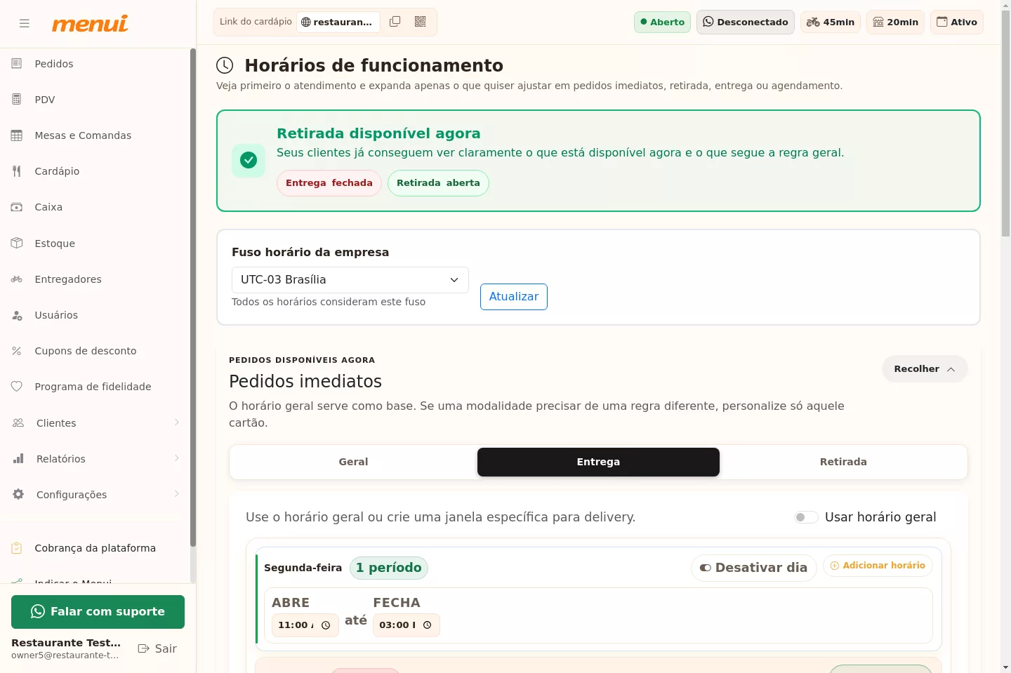 Horários por tipo de atendimento no Menui