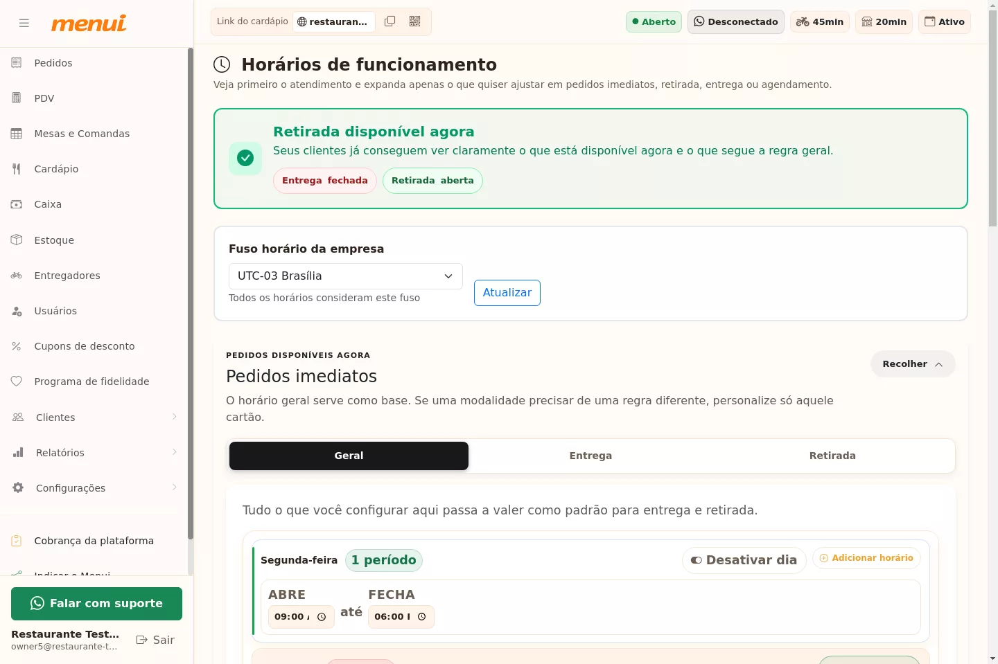 Visão geral da tela de horários de funcionamento no Menui